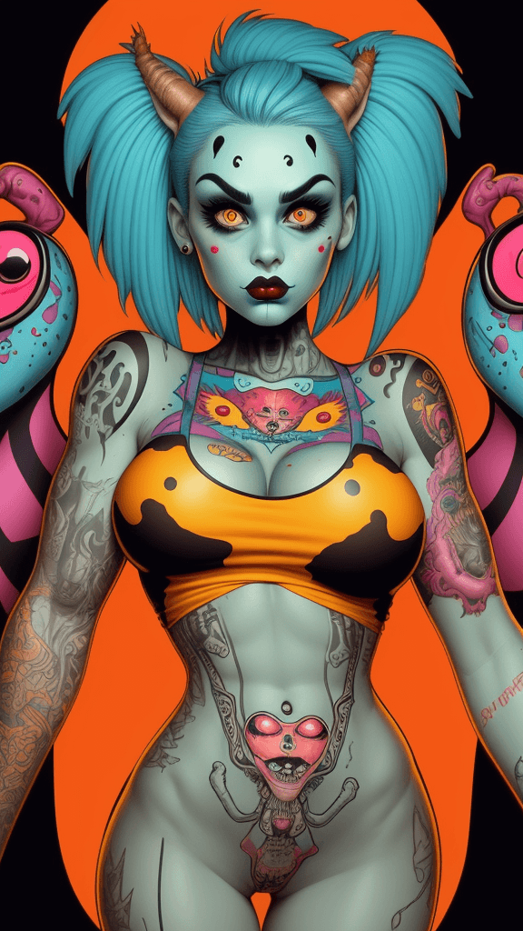 AI generated: twisted backdrop
snec
pop surrealism lowbrow art style
flawless tank girl 
symmetrical anatomy
tatto...