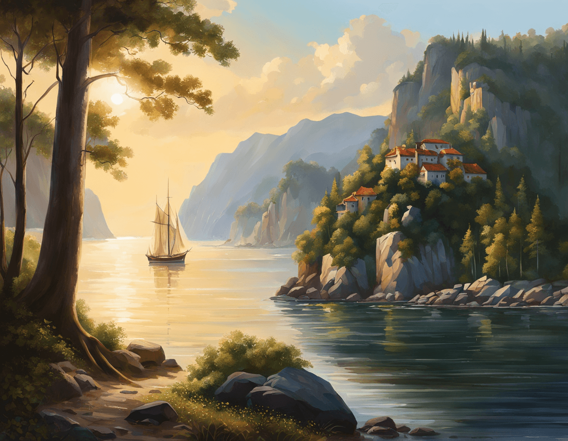 AI generated: The painting depicts a small bay surrounded by towering mountains and lush green forests. The bay is...