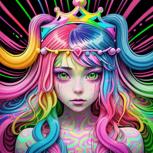 AI generated: a drawing of a girl with long hair and a crown on her head, dripping in neon paint, psychedelic aest...