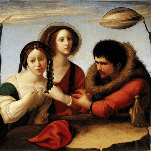 AI generated: Renaissance painting of three lovers lamenting a broken glass sphere.