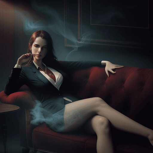 AI generated: photography, dimly lit room with a hazy atmosphere, capturing a female figure lounging on a deep cri...