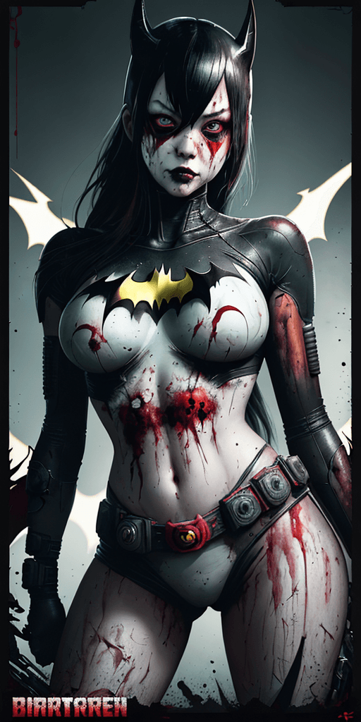 AI generated: Large white border all round. Overlay Japanese type. A poster with of batgirl extremely detailed eye...