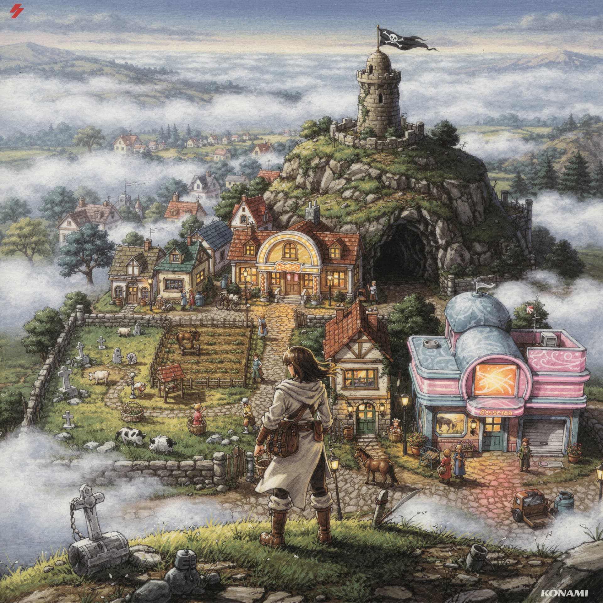 AI generated: Japanese 1990s RPG box art illustration, Konami-style hand-painted airbrush art, romantic compositio...