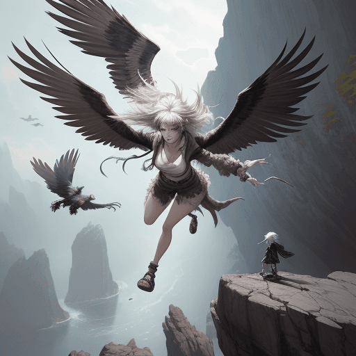 AI generated: A fantasy Anime style painting of female with vulture wings art character with baggy clothes, grim f...