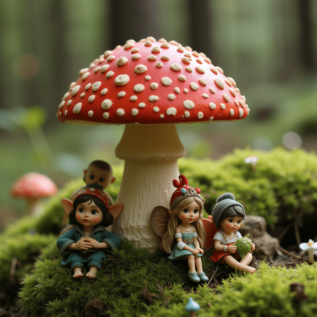 AI generated: Small whimsical forest fairies and tiny woodland sprites sitting peacefully under a large red-and-wh...