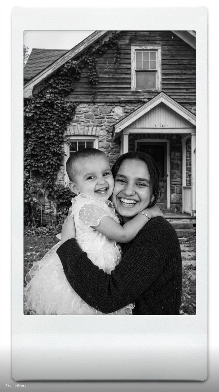AI generated: Put a photo of these two beautiful
children next to each other, hugging and
laughing, and in the bac...