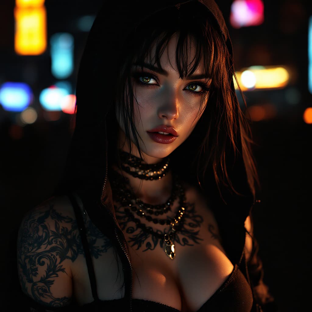 AI generated: hyperrealistic cyberpunk art best quality, masterpiece, very thin woman photography, flat chest, abs...