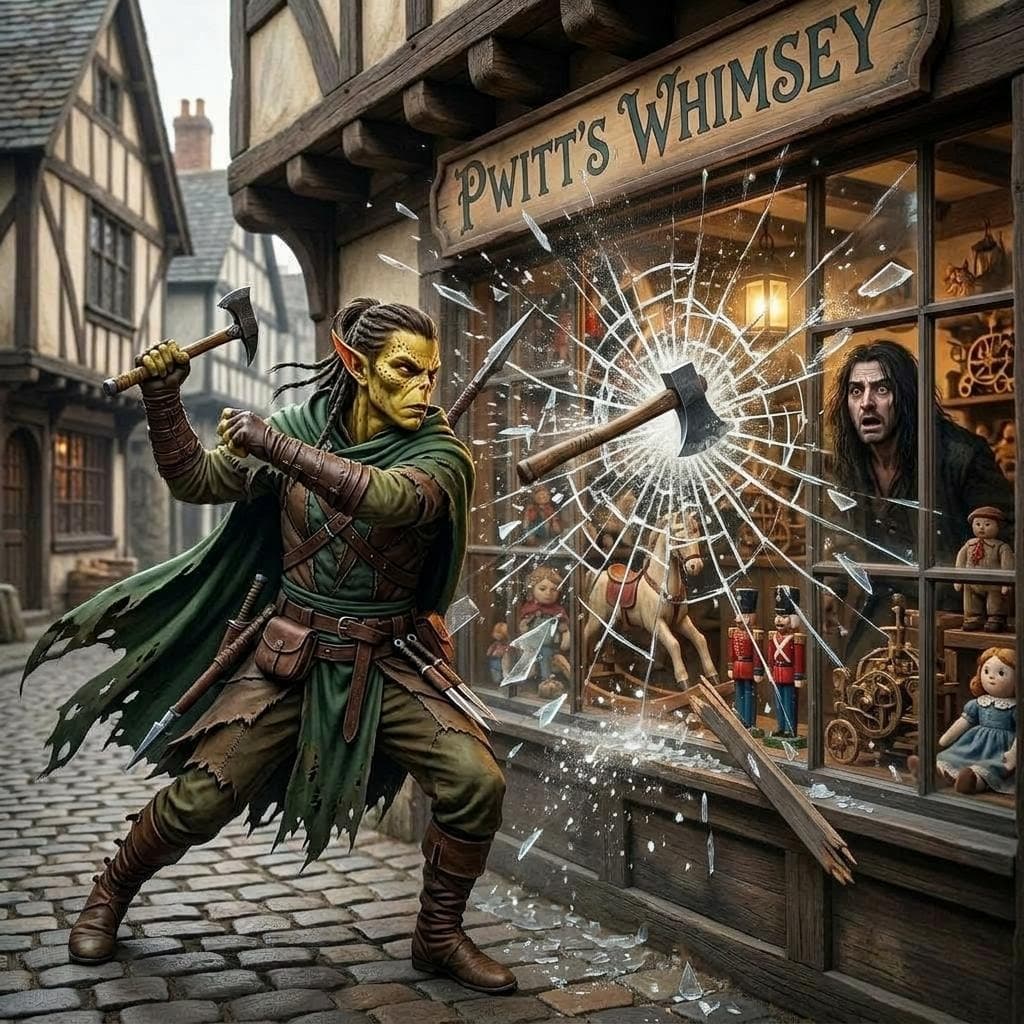 AI generated: a male githzerai ranger throwing a hammer into a medieval toy shop named "Pwitt's Whimsey" breaking ...