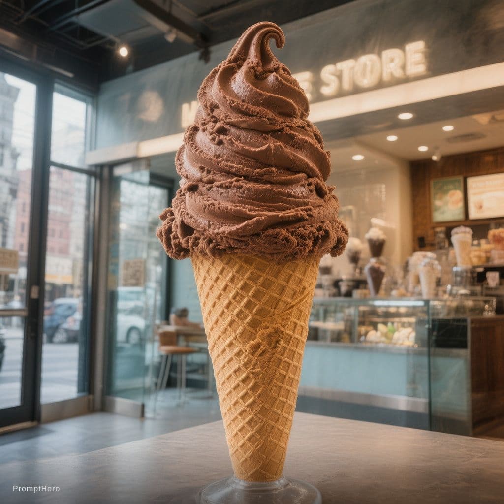 AI generated: INSIDE A ICE CREM STORE, A HUGE CHOCOLATE ICE CREAM CONE IS PLACED INSIDE A THE MIDDLE OF THE ICE ST...