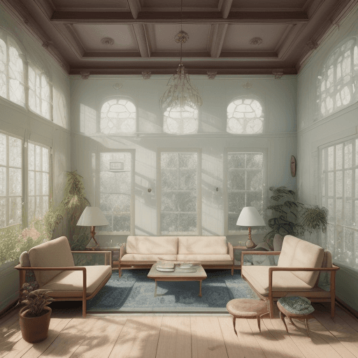 AI generated: High resolution photography interior design, dreamy sunken living room conversation pit, wooden floo...