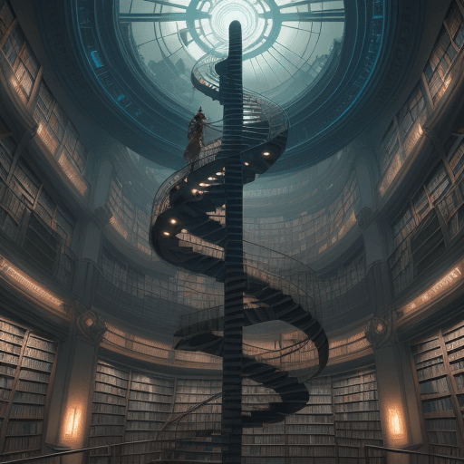 AI generated: staring up, climbing library spiraling towards light, books, spirals, people, gradient, cyberpunk, t...