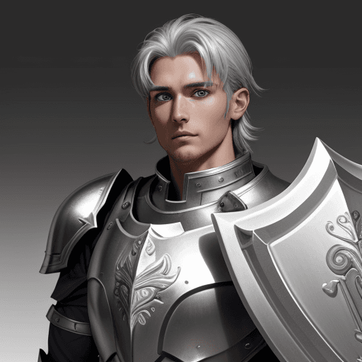 AI generated: paladin human man with silver hears grey big eyes and with a shield on his back, 29 years old, smal ...