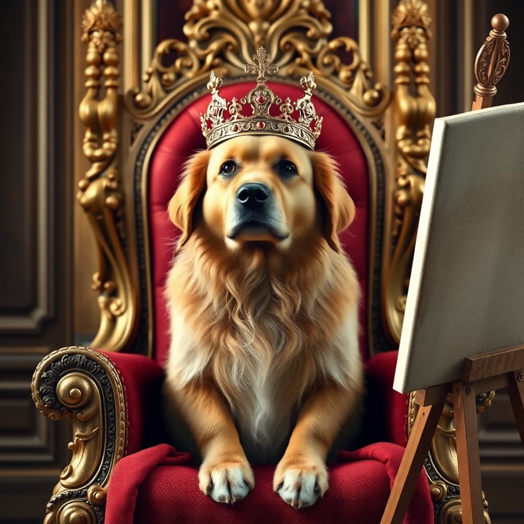 AI generated: Create a highly detailed image of a golden retriever Dog sitting on an ornate throne. He has a noble...