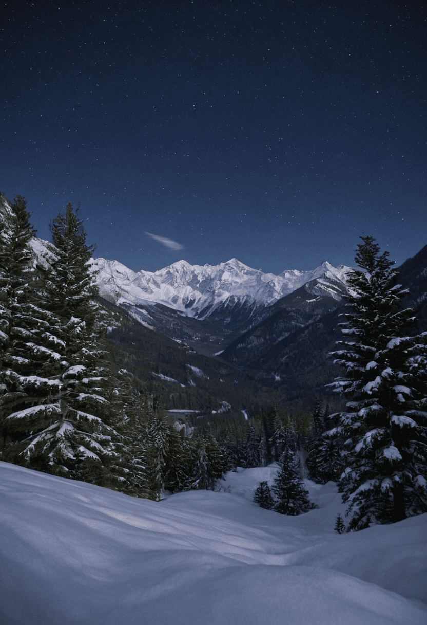 AI generated: A serene mountain valley, covered in a thick blanket of snow, with evergreen trees stretching up to ...