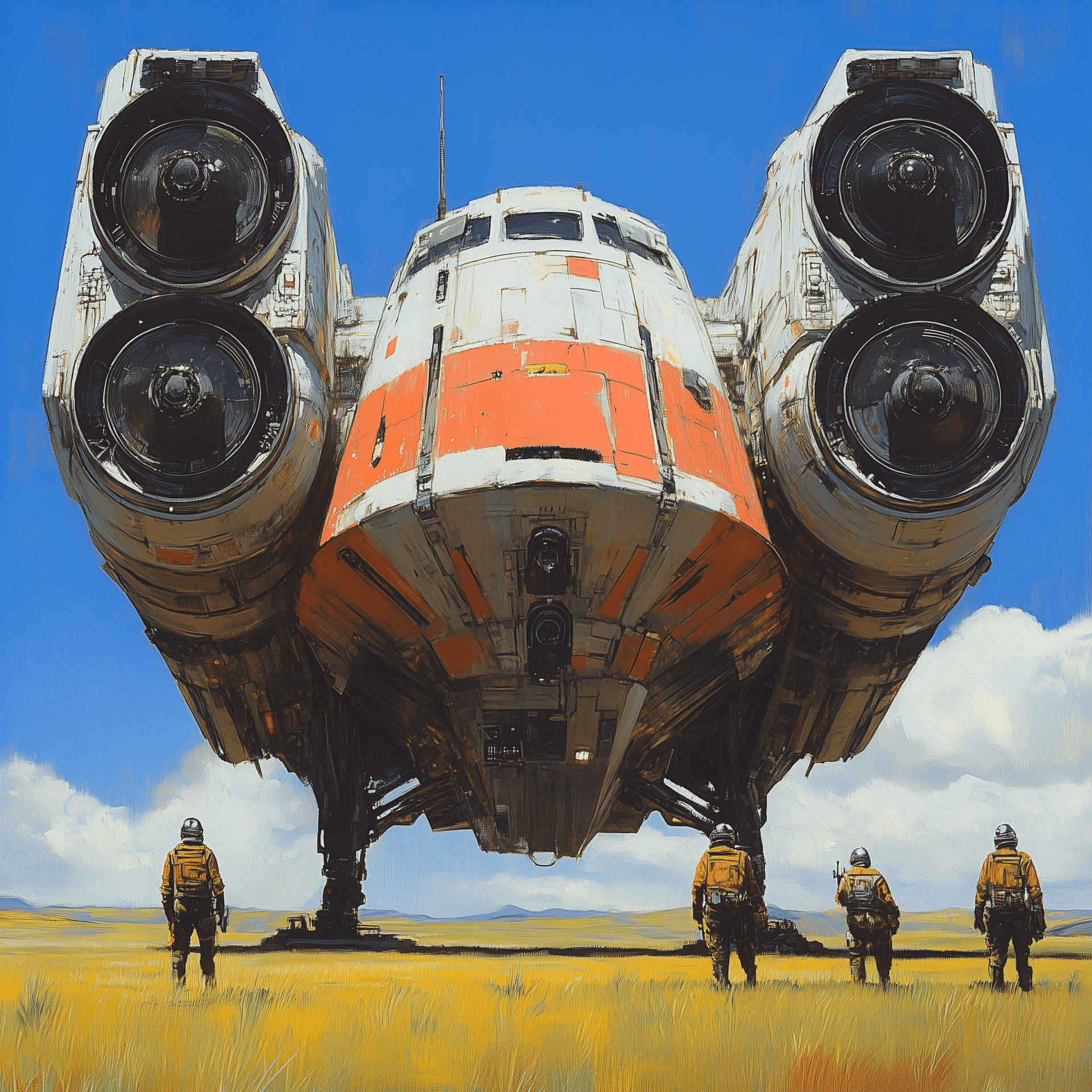 AI generated: A retrofuturistic spaceship in the style of Chris Foss, featuring two large engines on each side and...
