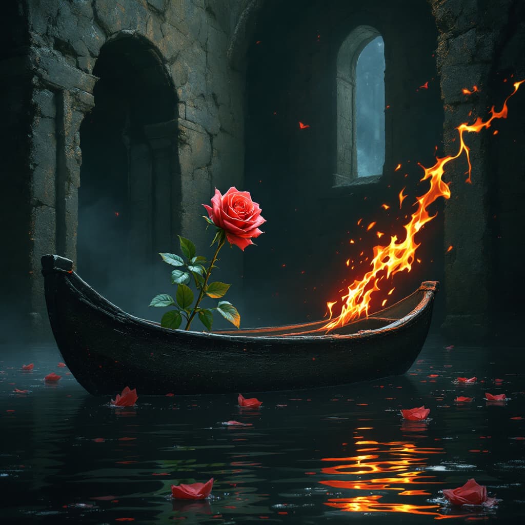 AI generated: A rose in a boat, floating in hell. 