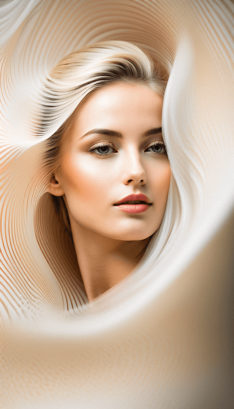AI generated: A hyper-realistic portrait of a woman with platinum blonde hair and fair skin. Her hair is styled in...