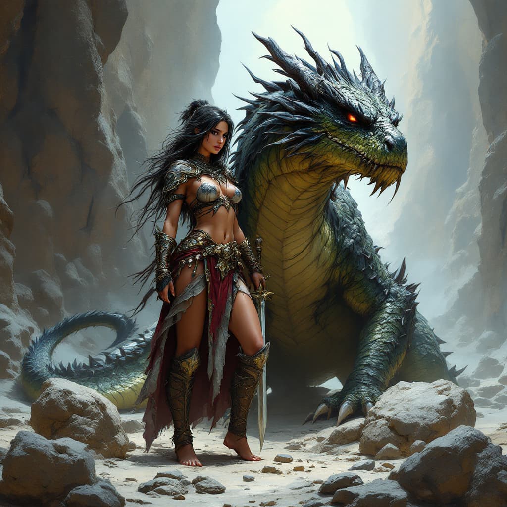 AI generated: Full body view of an attractive female barbarian dressed in an Arab warrior style, battle armor, bar...