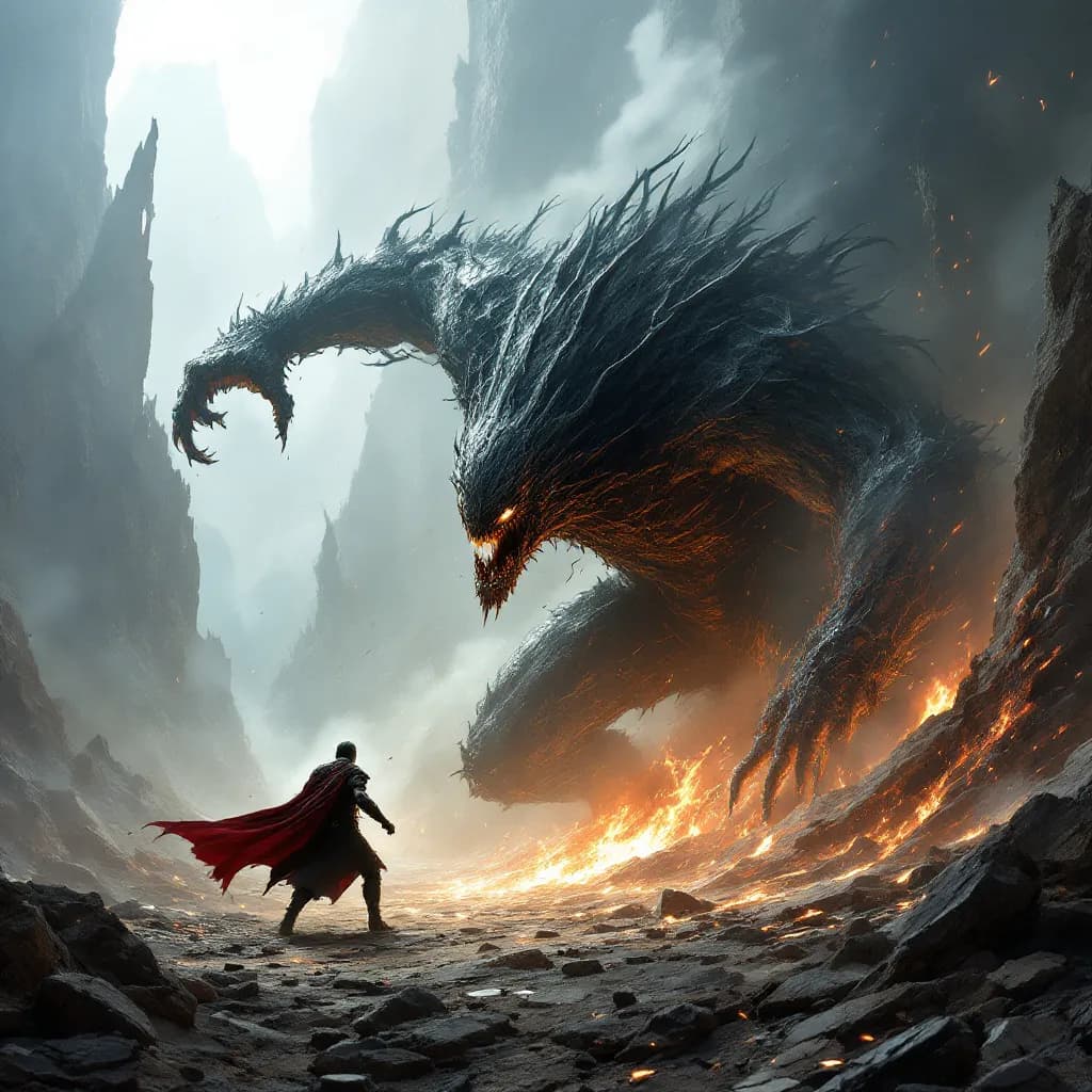 AI generated: This image depicts a dramatic battle between a lone warrior and a monster amidst a shattered, desola...