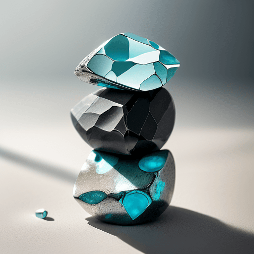 AI generated: studio photography set of five high detail regular silver stones, each with a single turquoise elect...