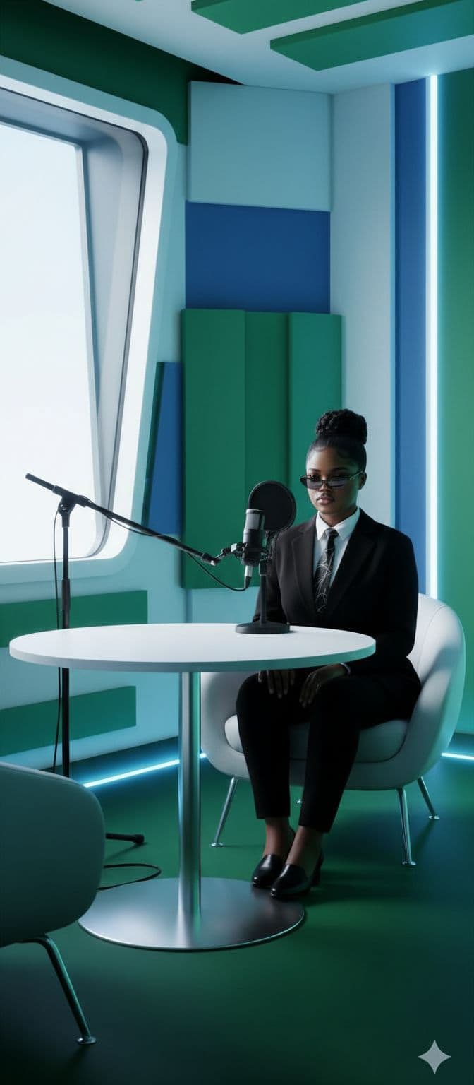 AI generated: a black African girl sitting in a green white and blue  themed modern large minimalist podcast studi...