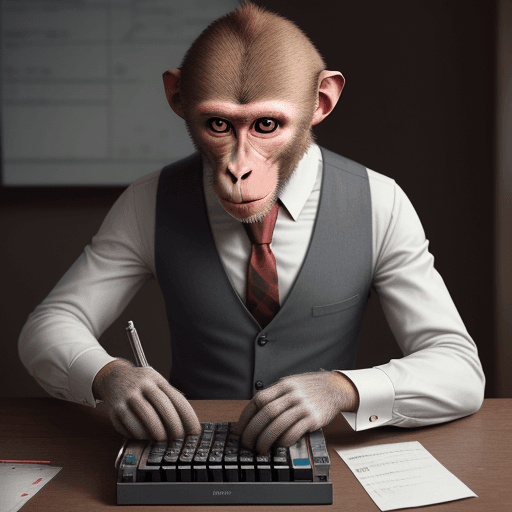 AI generated: friendly anthropomorphic rhesus macaque, doing calculations with a Hispano Olivetti Model Multisuma ...
