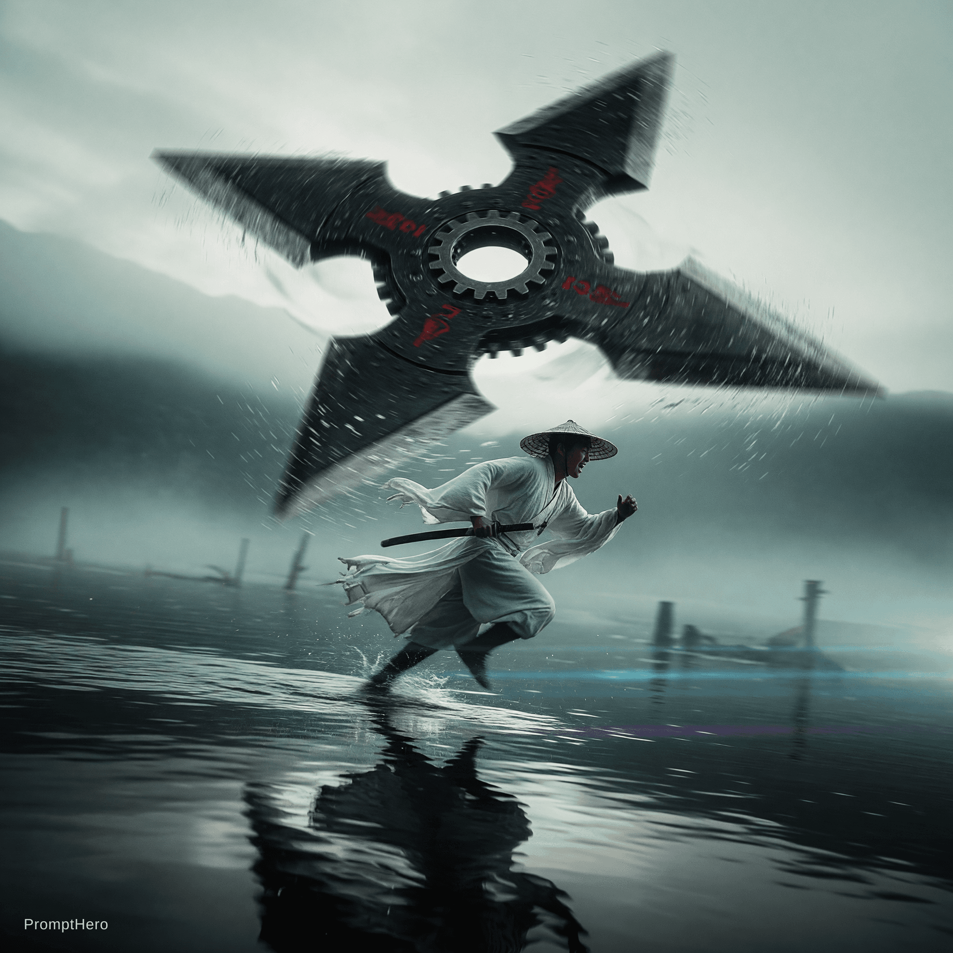 AI generated: A lone warrior in a white flowing robe and traditional 
conical Asian hat sprints desperately across...