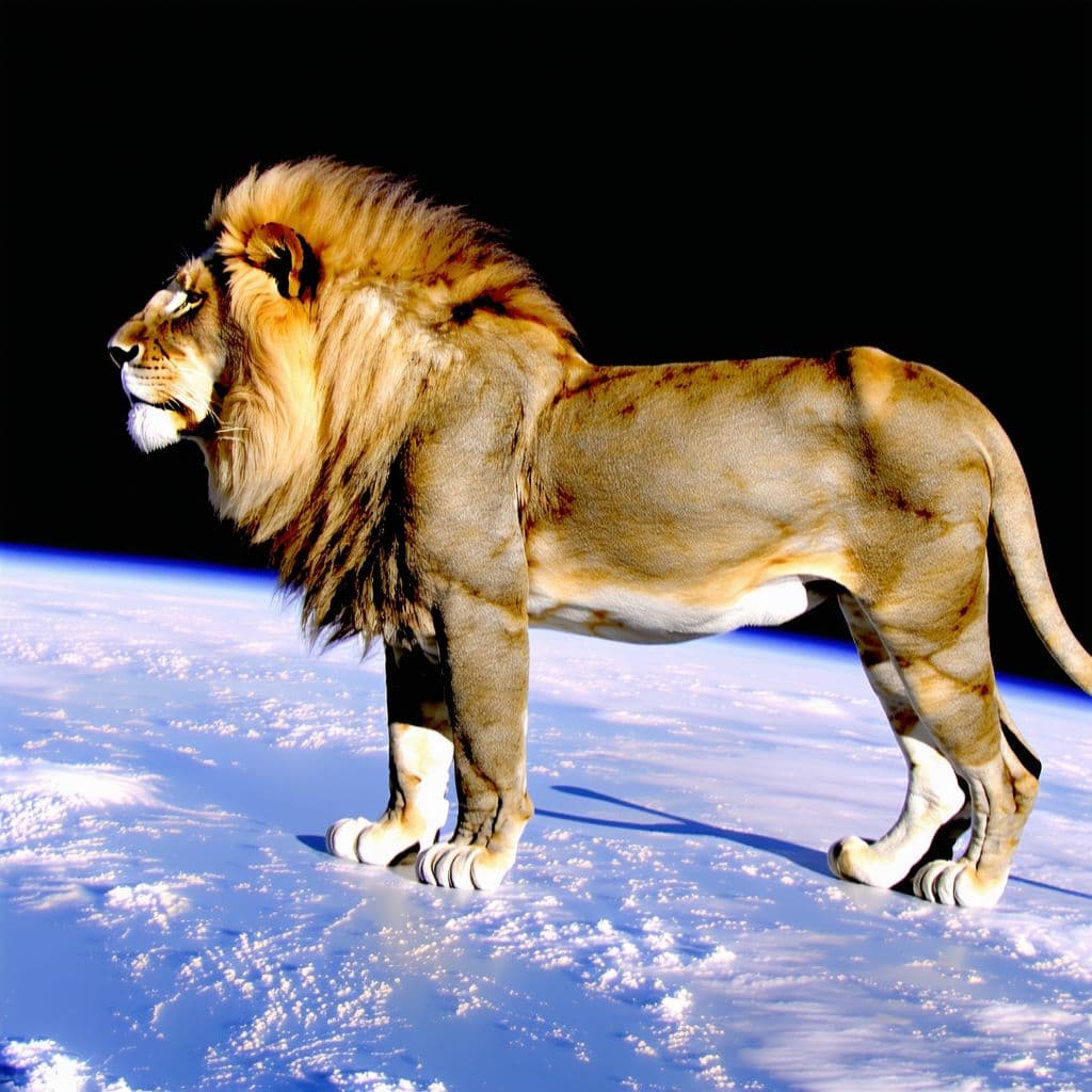 AI generated: 3d photorealistic photo, side profile of a lion on space in nasa