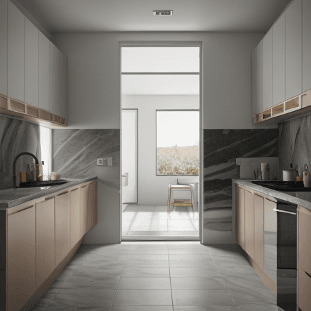 AI generated: Interior design kitchen,16k corona render,viz arch,modern style,u kitchen on the right,sink in front...