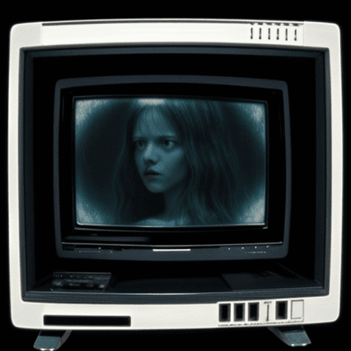 AI generated: vintage tv set like in the movie "the ring", 80s movie style, spooky vhs glitch on tv screen,