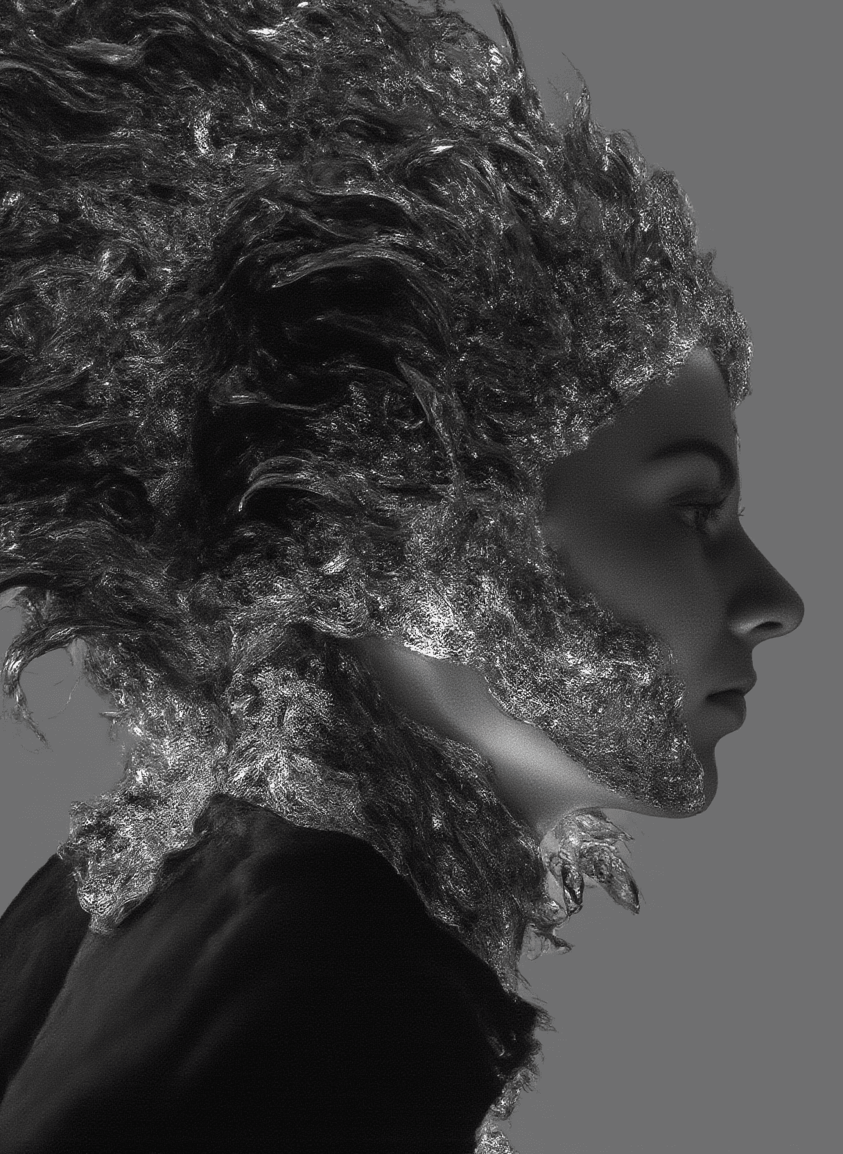 AI generated: a woman is wearing an elaborate costume made with metal blades, in the style of intense texture coll...