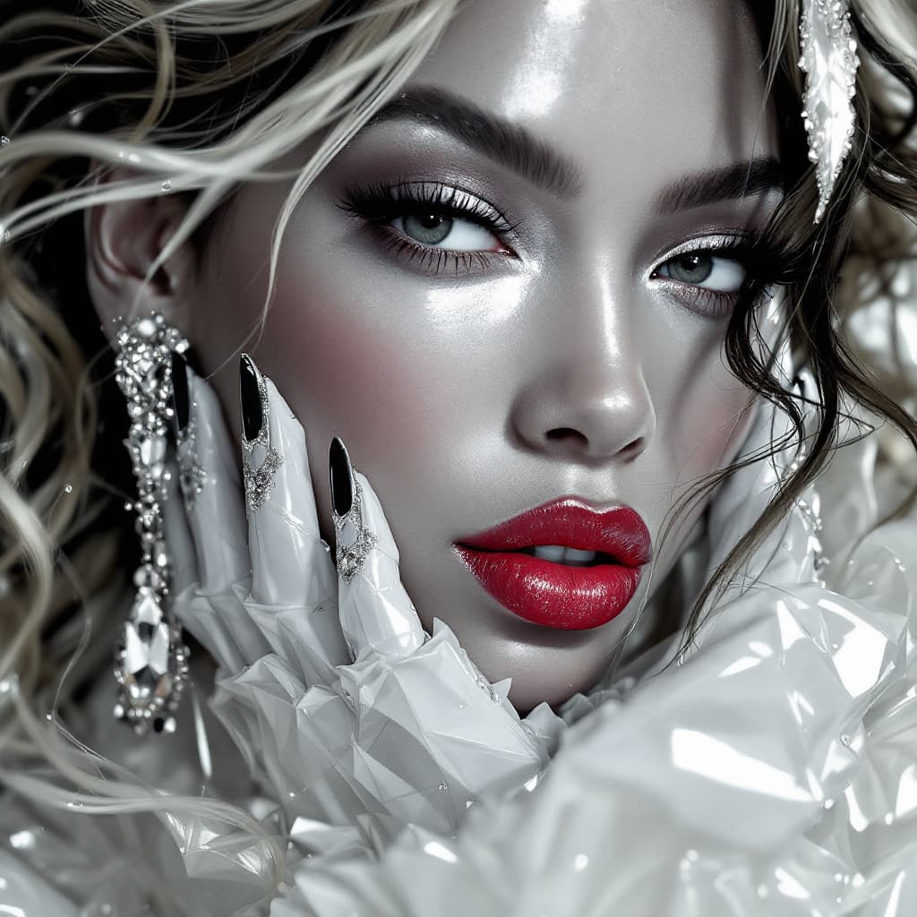 AI generated: white background, beautiful portrait of  BEYONCE in white and silver colors, with red lipstick, in t...