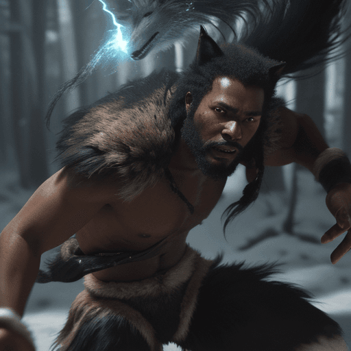 AI generated: Black man wearing wolf pelt fights off slavers in 1584 with glowing magic, hyper-realism, high detai...