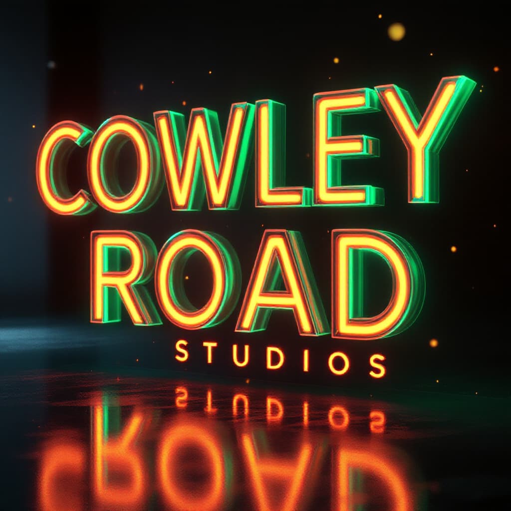 AI generated: A 3D digital art rendering of the word 'COWLEY ROAD STUDIOS' in  bold format, in a neon, futuristic ...