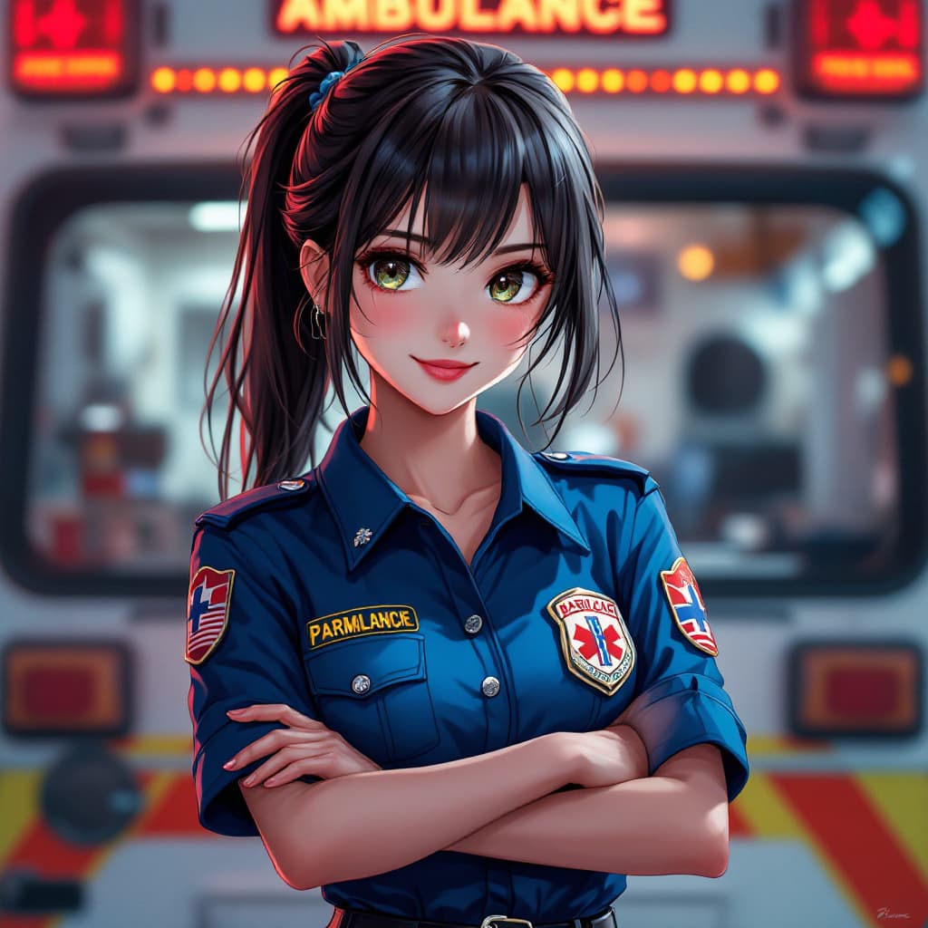 AI generated: A pretty female paramedic standing behind an ambulance, with a confident smile, including details of...