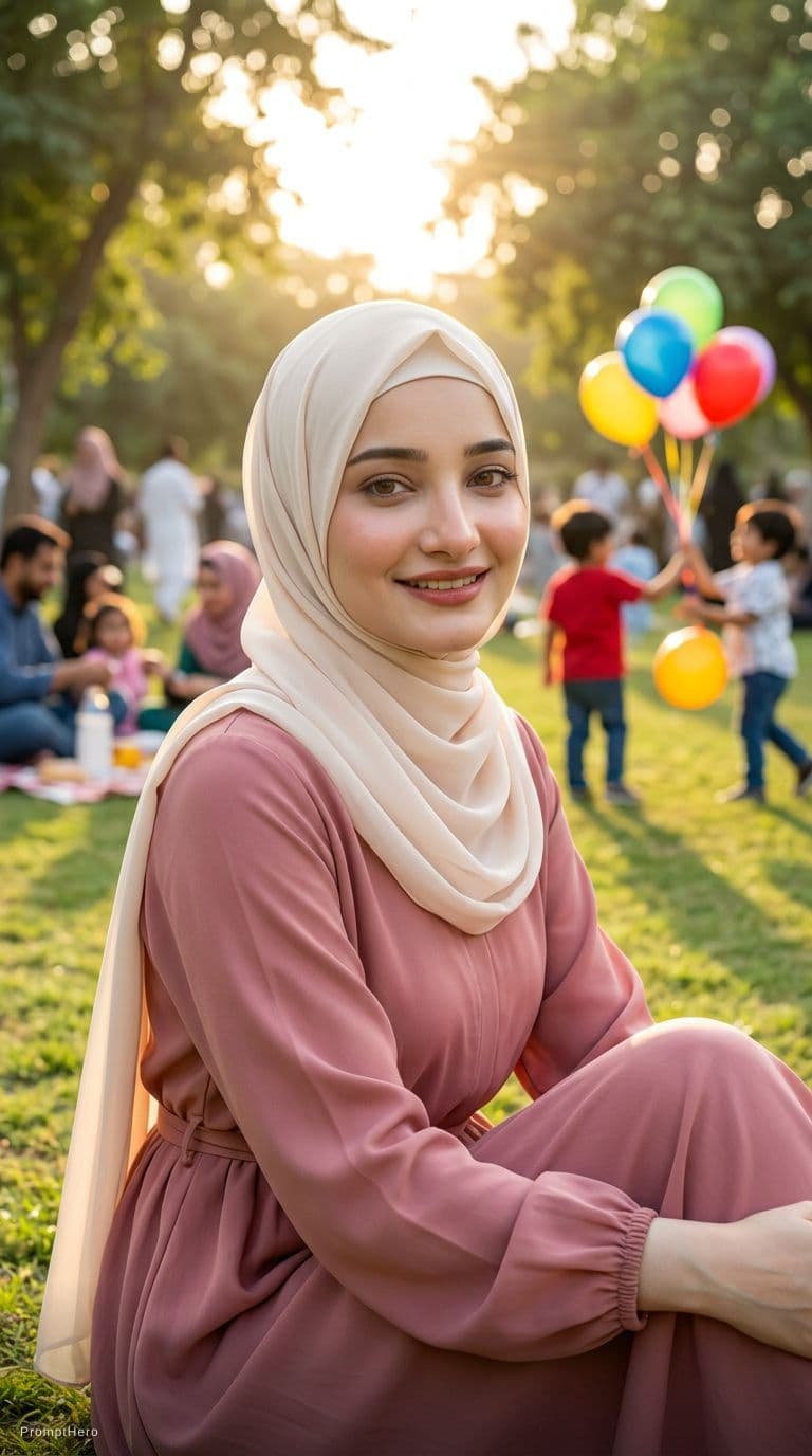 AI generated: A stunning 8K cinematic close-up portrait of a modest Egyptian girl sitting on grass in a public par...