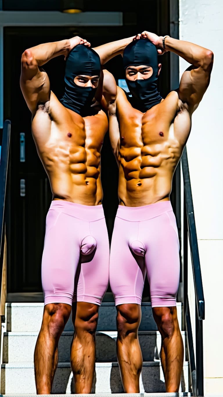 AI generated: Two male Chinese in Hong Kong handsome tanned muscularcl criminals wearing tight cycling shorts in l...