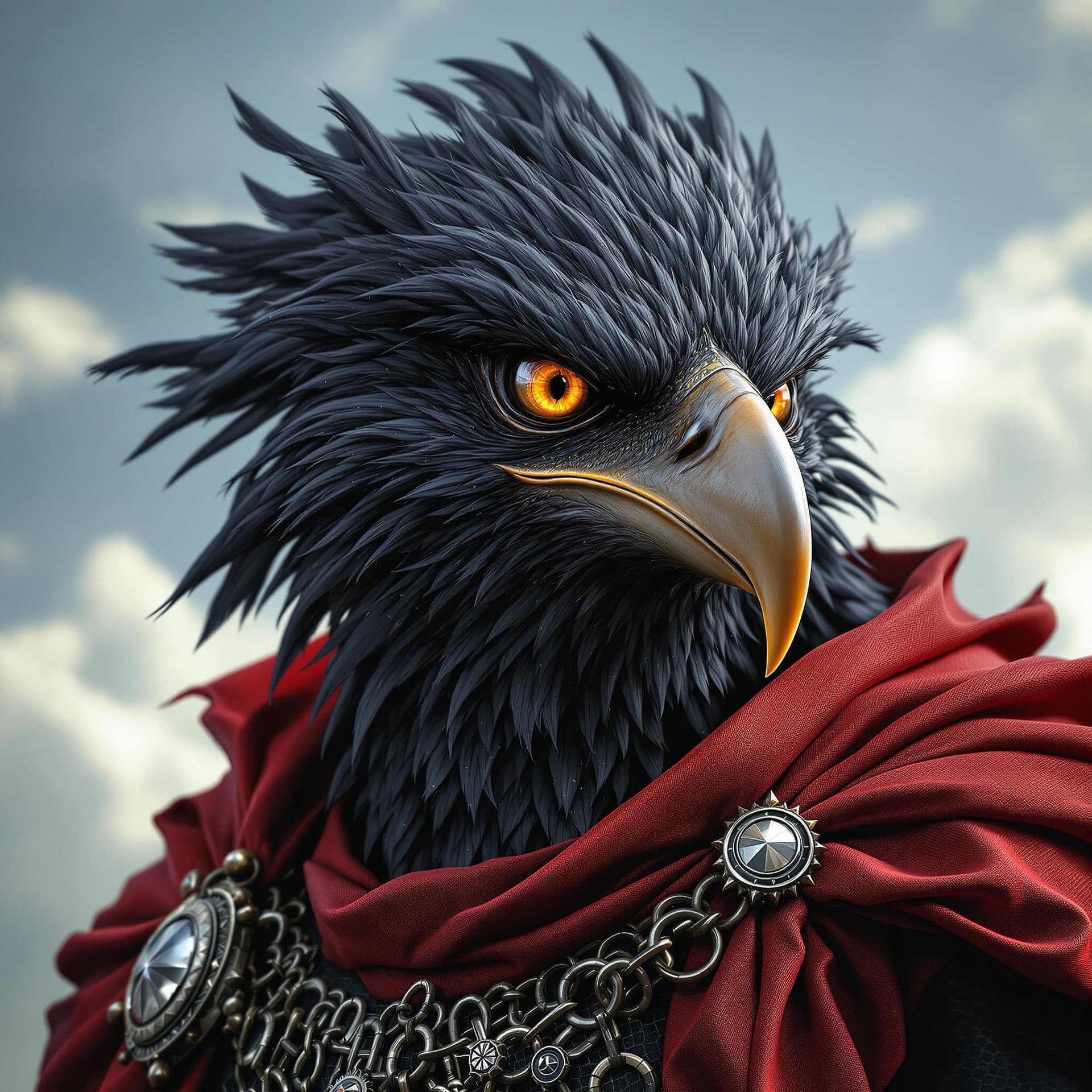AI generated: ultra realistic photo, fantasy character portrait, male black feather anamorphic hawk face!, hyper r...
