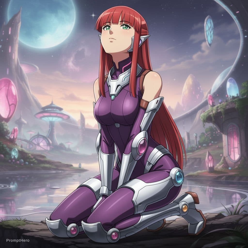 AI generated: Anime-style sci-fi heroine with long straight red hair and glowing green eyes, wearing a futuristic ...