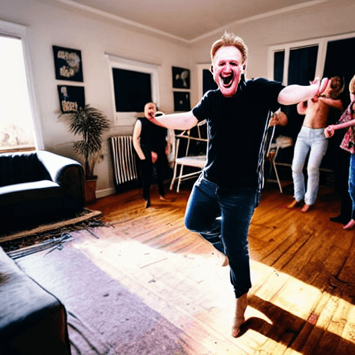AI generated: Hyperrealistic professional photograph of a white man dancing in a very happy exaggerated way in the...