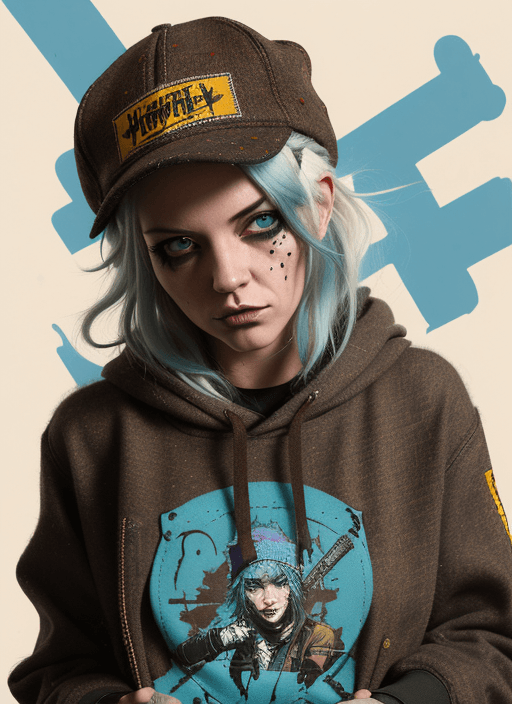 AI generated: highly detailed portrait of a Homeless rebellious punk lady student, blue eyes, brown harris tweed h...