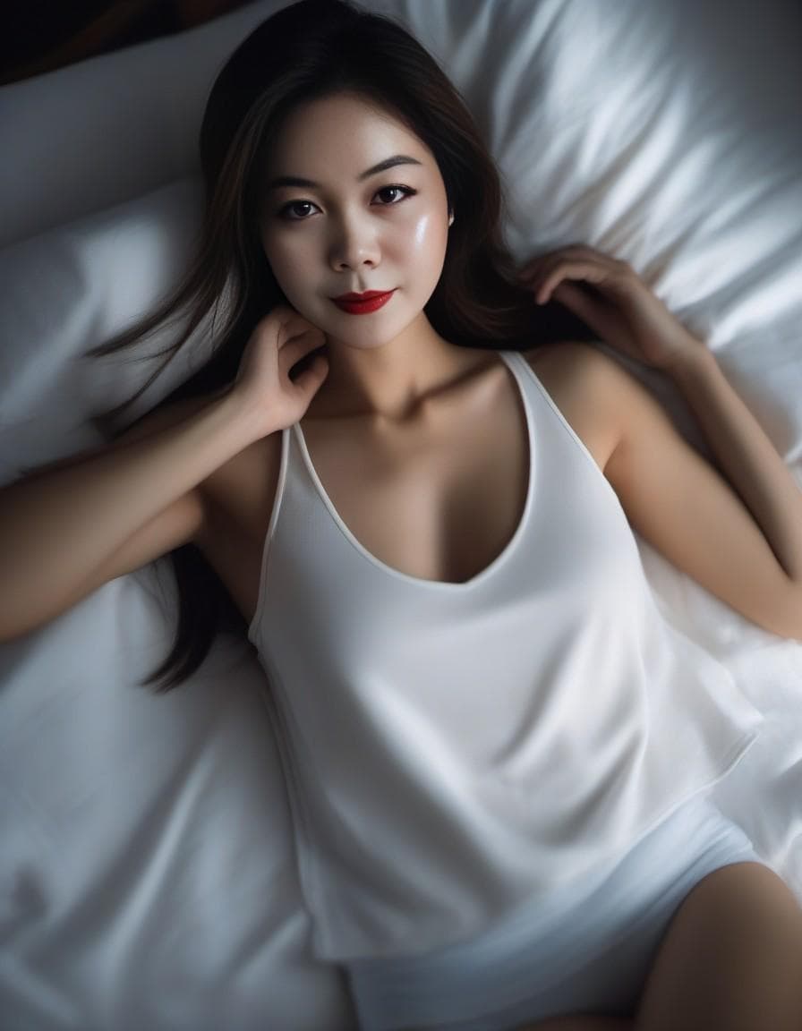 AI generated: from above, woman, long brunette hair, lying on her bed, loose tank top, hand on her head, hand on h...