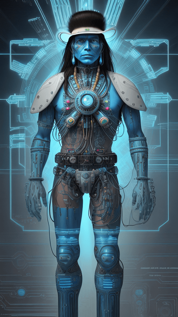 AI generated: a photo of an electronic cowboy ( Native American ) (plains cree) with real human eyes, electronic c...