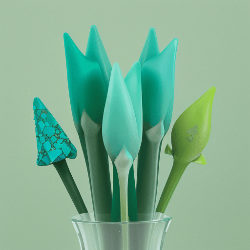AI generated: Acrylic flowers of turquoise tone green stem with long green eyes triangular flowers with yellowish ...