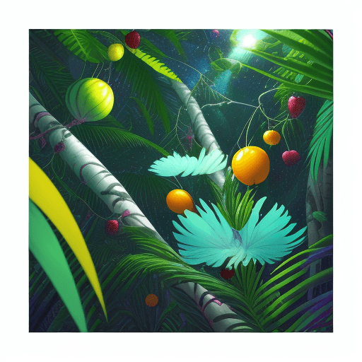 AI generated: a harlequin of vibrant colours, teems with unseen flora & fauna of a sky forest. The scent of alien ...