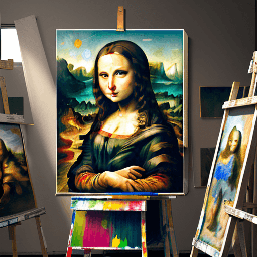 AI generated: a ultra detailed portrait of a Mona lisa painter at her studio, white tank top and sweat pants, pain...