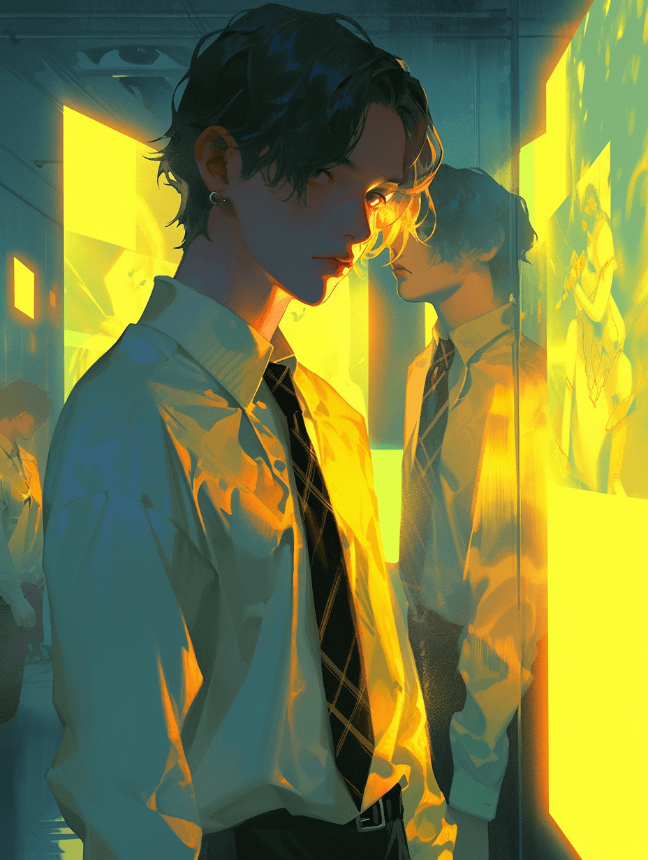 AI generated: a handsome boy with delicate features, stands with mirrors all around him, Staring at oneself in the...