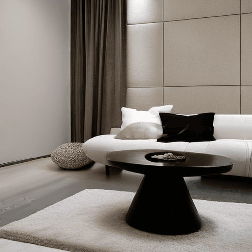 AI generated: Photograph, contemporary living room, soft light of morning, integration of beige flooring and matte...