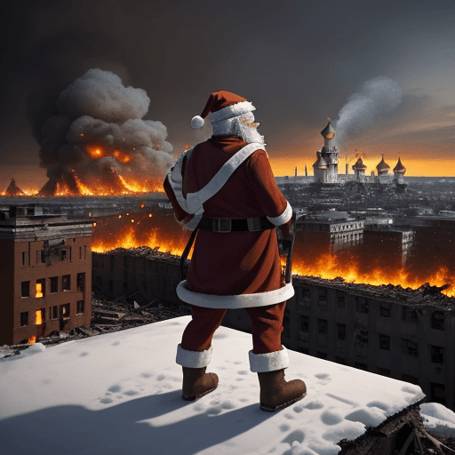 AI generated: Santa Claus standing on the roof of a destroyed building with rifle on shoulder, Santa Claus looks a...
