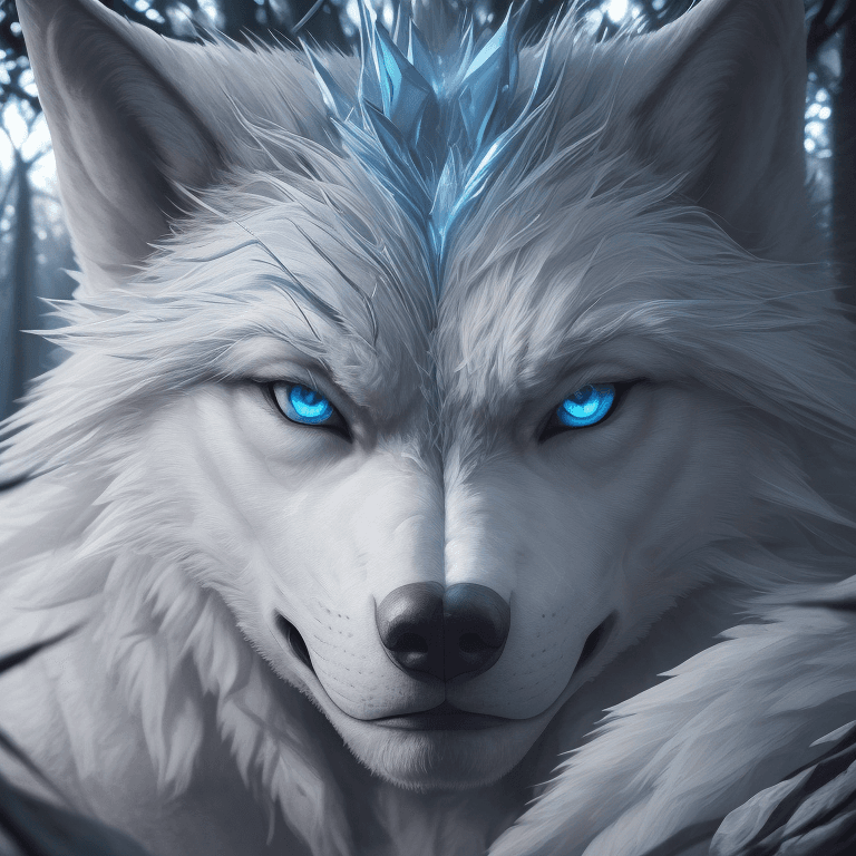 AI generated: A stunningly intricate close up portrait of a couple with a white werewolf with blue eyes in the for...